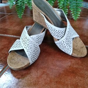 White and Silver Crossover, Mule with Cork Wedge Heel